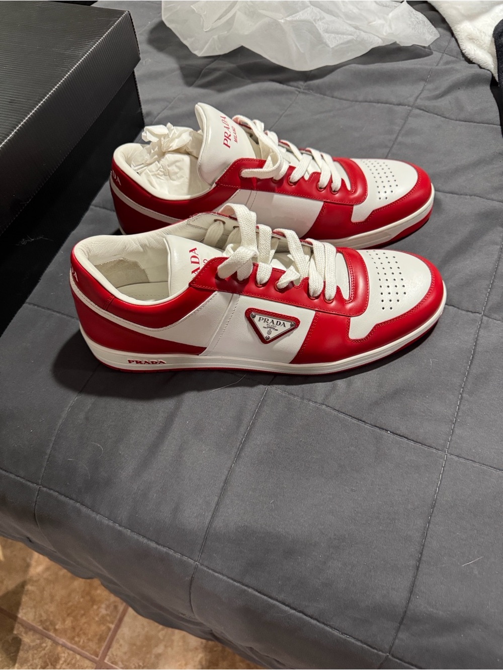 Prada Red and White Leather Low-Top Sneakers
